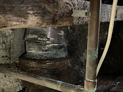 This is a lead stub with a shielded fernco coupling to attach plastic pipe to the existing cast iron drain line one of the many shortcuts you run into in the field.